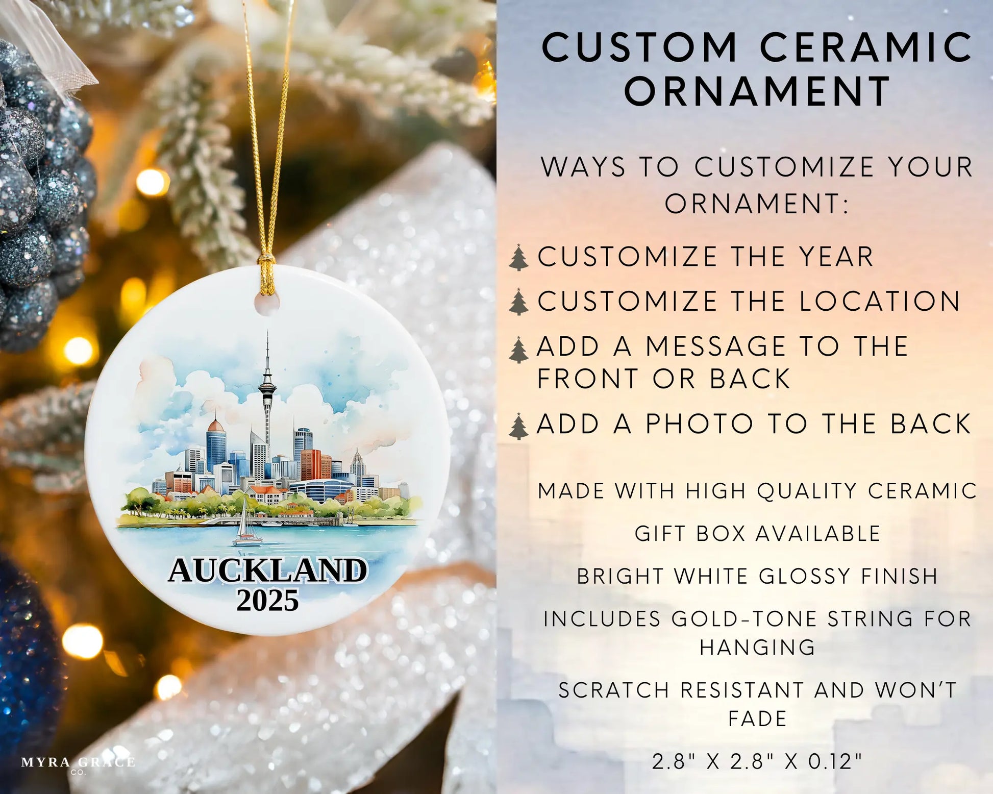 Custom Auckland, New Zealand ceramic photo ornament with personalized message – handmade Christmas bauble, gift souvenir, or vacation keepsake. Infographic