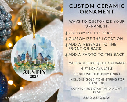 Custom Austin, Texas ceramic photo ornament with personalized message – handmade Christmas bauble, gift souvenir, or vacation keepsake. Infographic