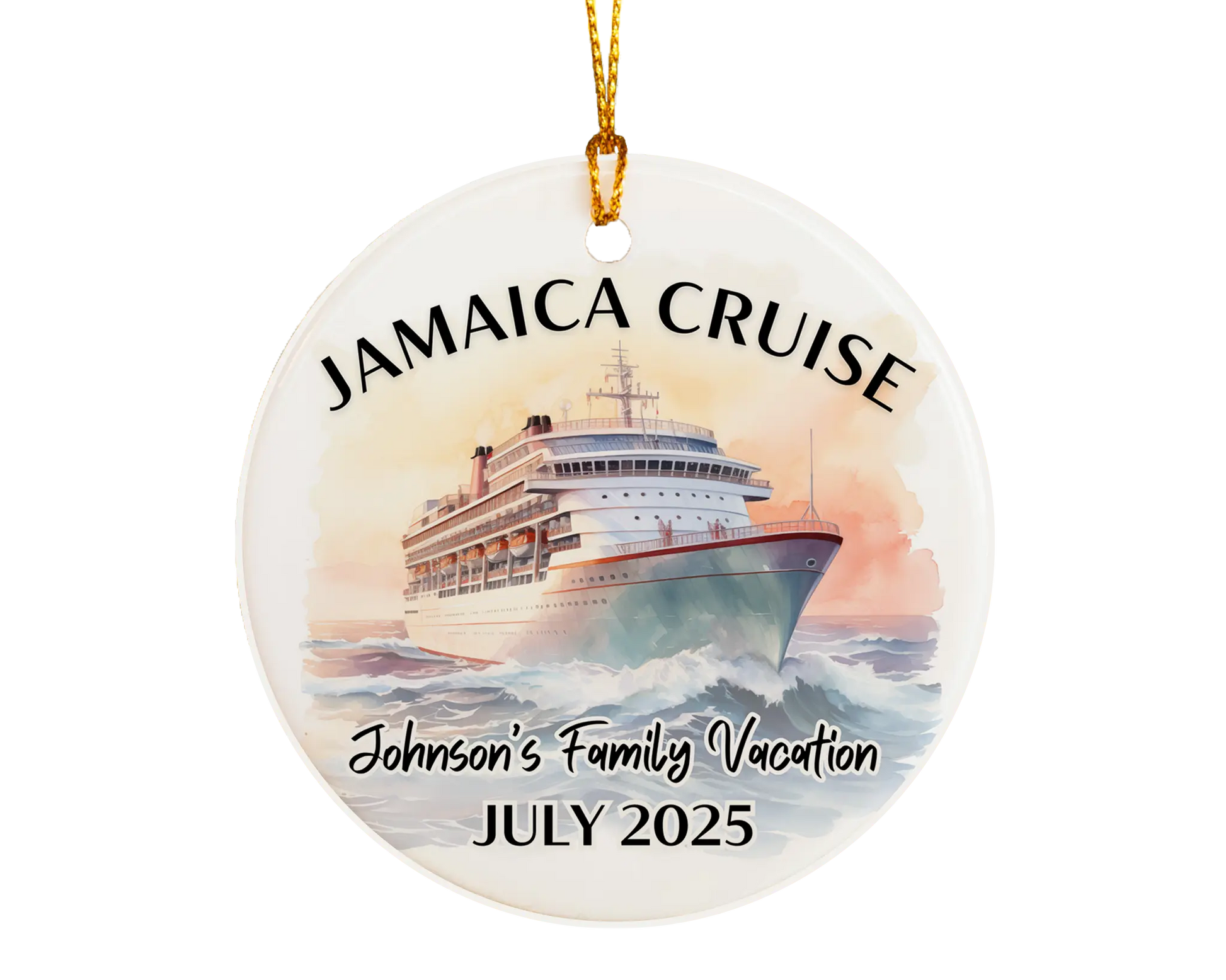 Handmade ceramic Jamaica cruise ornament with personalized location and photo – custom Christmas bauble or cruise vacation souvenir.