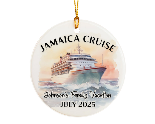 Handmade ceramic Jamaica cruise ornament with personalized location and photo – custom Christmas bauble or cruise vacation souvenir.