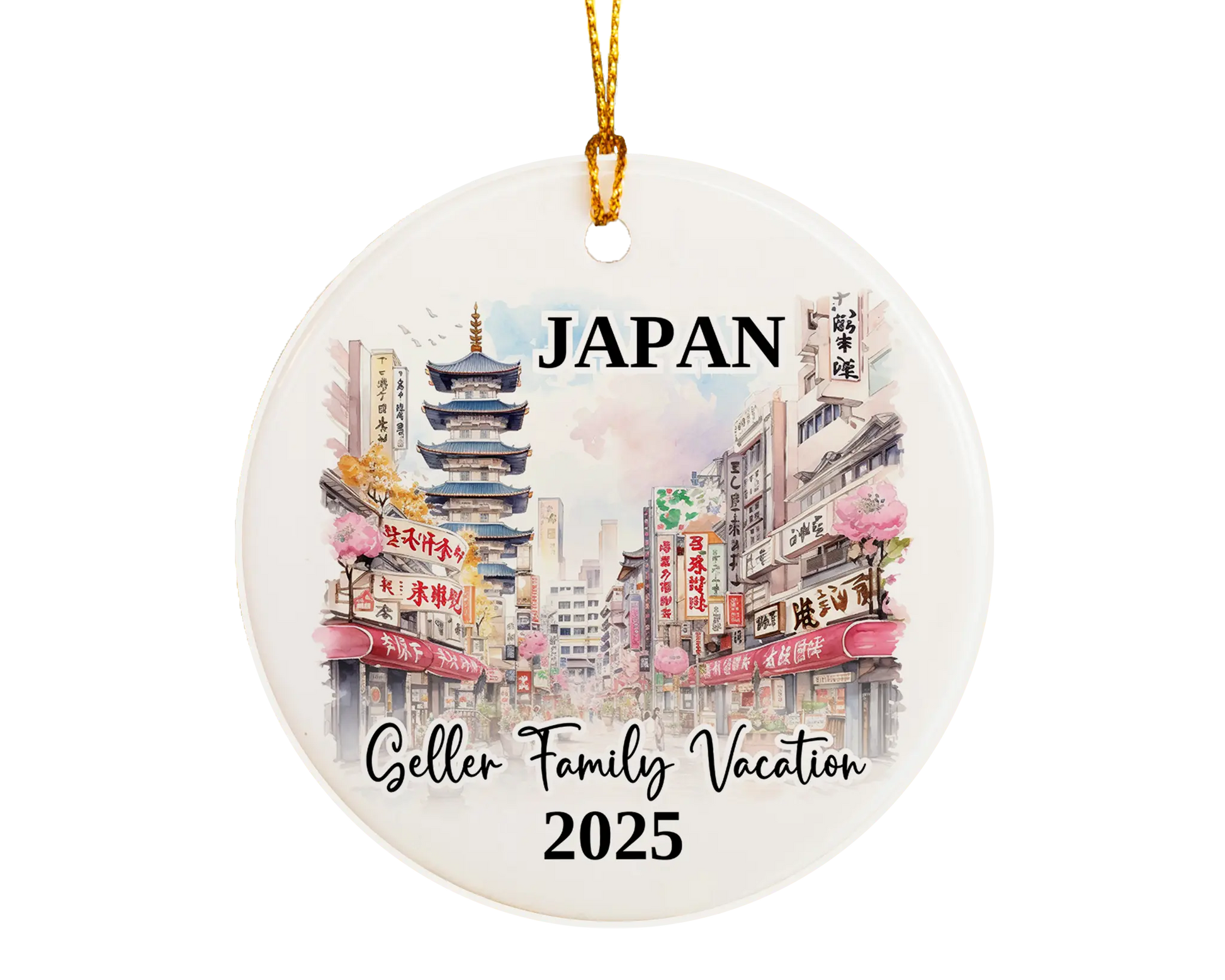 Custom vacation Japan ceramic photo ornament with personalized message – handmade Christmas bauble, gift souvenir, or vacation keepsake. 
