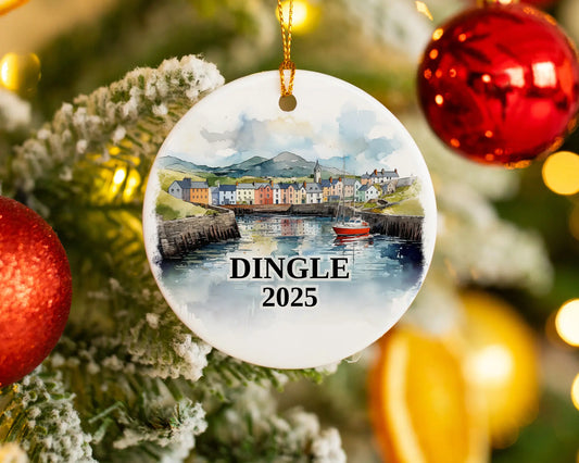 Custom Dingle Ireland ceramic photo ornament with personalized message – handmade Christmas bauble, gift souvenir, or vacation keepsake.  