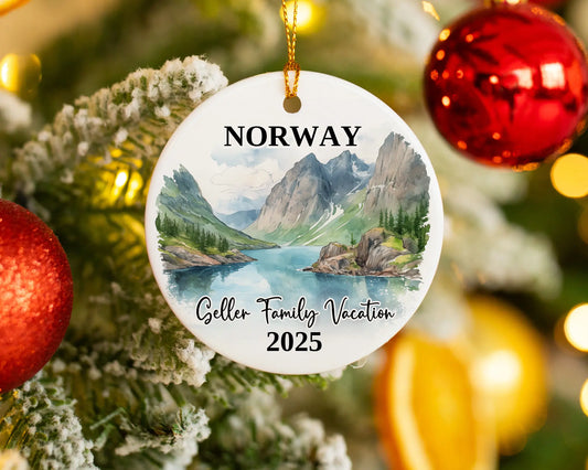 Custom vacation Norway ceramic photo ornament with personalized message – handmade Christmas bauble, gift souvenir, or vacation keepsake. 