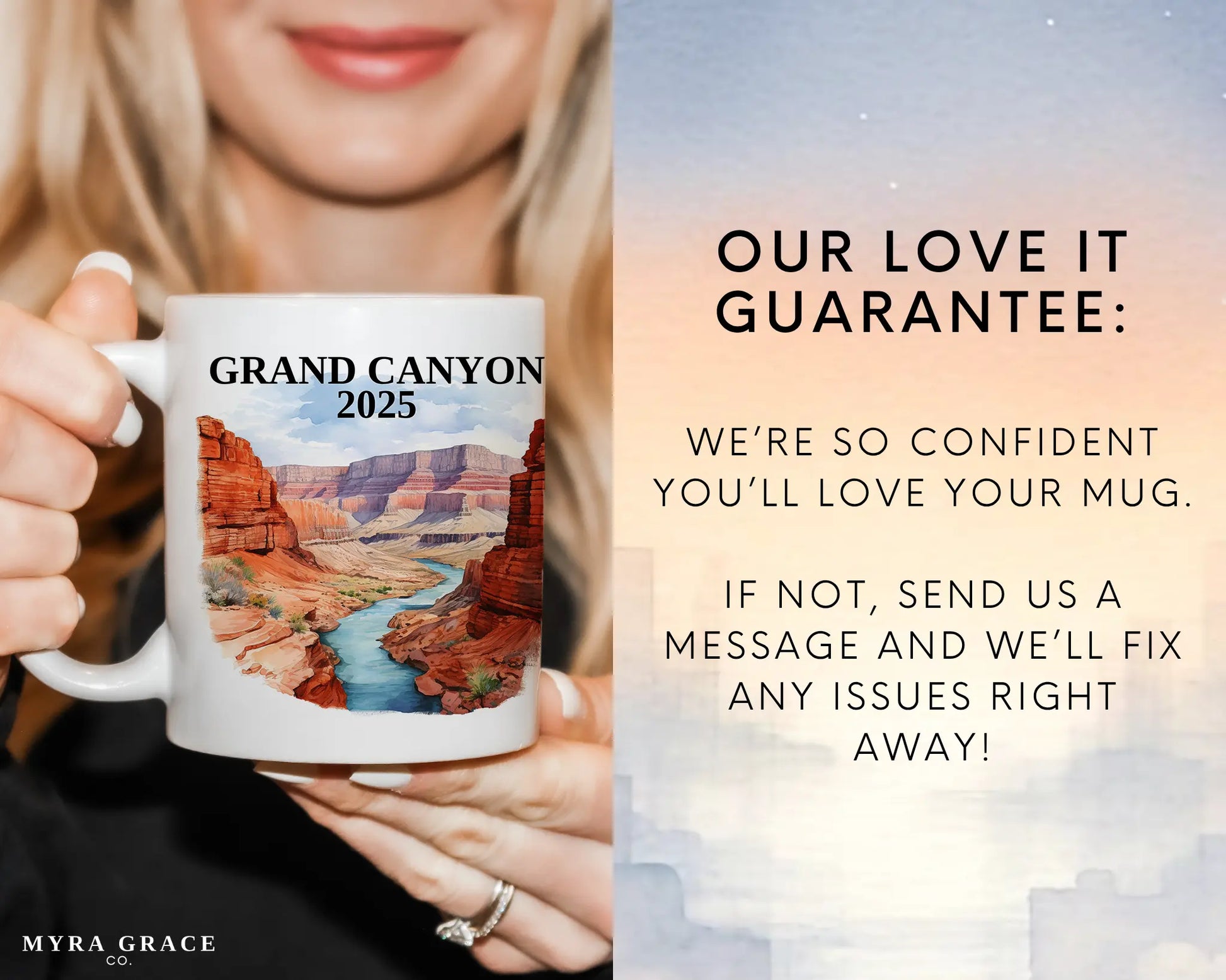 Custom ceramic Grand Canyon vacation mug with watercolor location design, date, and personal photo – personalized travel gift or photo mug. Love it guarantee
