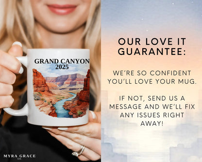 Custom ceramic Grand Canyon vacation mug with watercolor location design, date, and personal photo – personalized travel gift or photo mug. Love it guarantee
