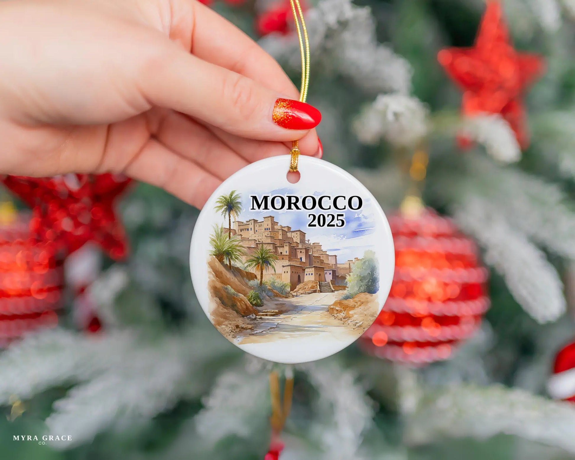 Custom Morocco ceramic photo ornament with personalized message – handmade Christmas bauble, gift souvenir, or vacation keepsake.  