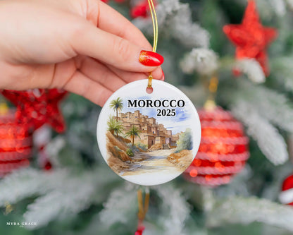 Custom Morocco ceramic photo ornament with personalized message – handmade Christmas bauble, gift souvenir, or vacation keepsake.  