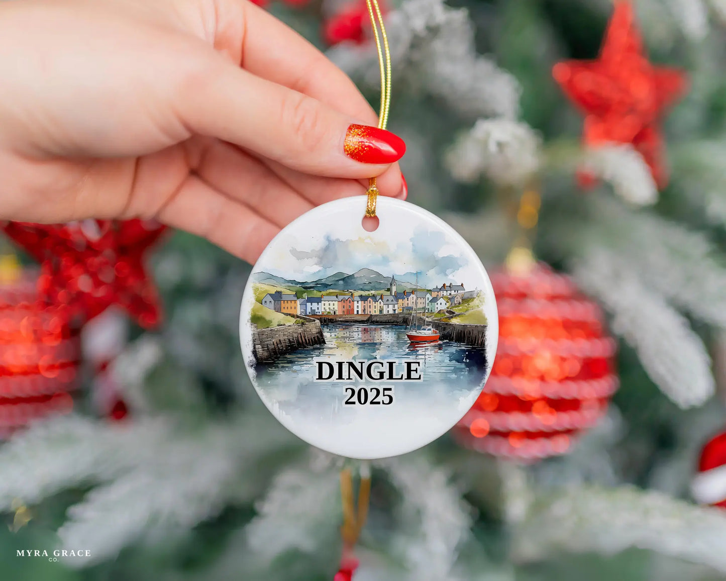 Custom Dingle Ireland ceramic photo ornament with personalized message – handmade Christmas bauble, gift souvenir, or vacation keepsake.  
