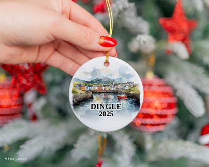 Custom Dingle Ireland ceramic photo ornament with personalized message – handmade Christmas bauble, gift souvenir, or vacation keepsake.  