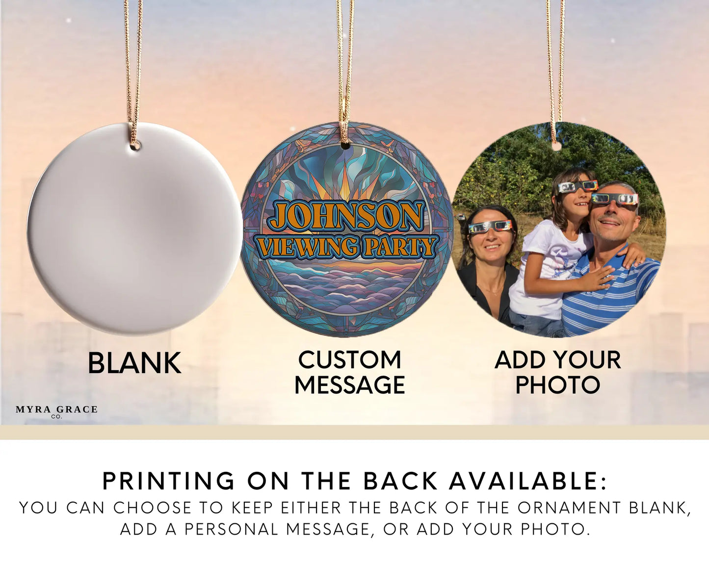 Ceramic solar eclipse 2024 ornament with celestial design – space-themed gift or keepsake. Add your photo