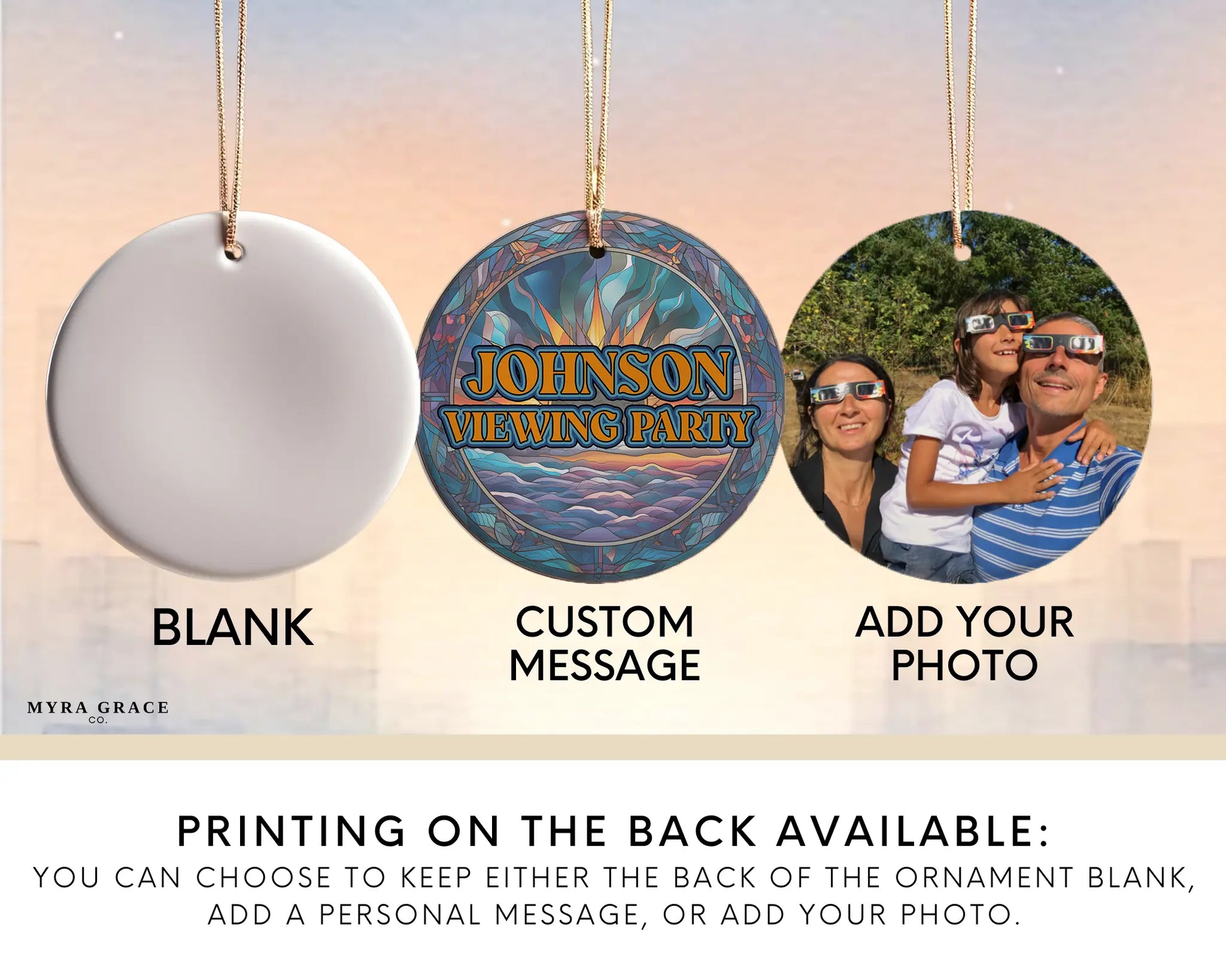 Ceramic solar eclipse 2024 ornament with celestial design – space-themed gift or keepsake. Add your photo
