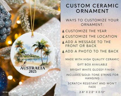 Custom Australia ceramic photo ornament with personalized message – handmade Christmas bauble, gift souvenir, or vacation keepsake. Infographic