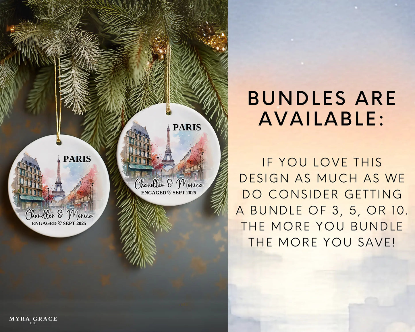 Paris Engagement Ornament Custom Gift Souvenir Bauble Present. Bundles are available