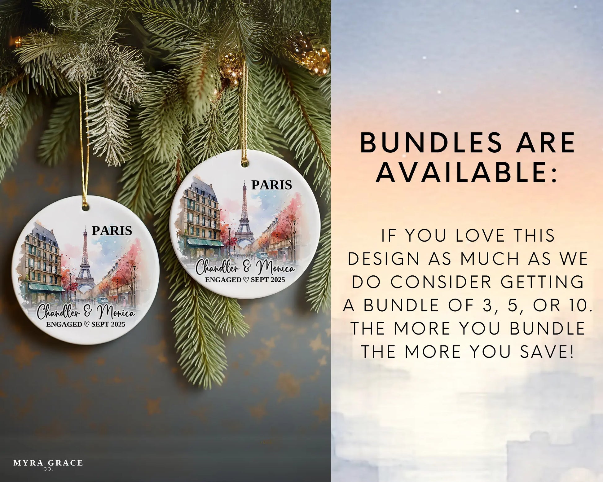 Paris Engagement Ornament Custom Gift Souvenir Bauble Present. Bundles are available
