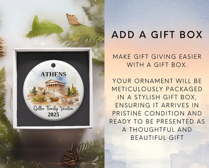 Custom vacation Athens Greece ceramic photo ornament with personalized message – handmade Christmas bauble, gift souvenir, or vacation keepsake. Add gift box