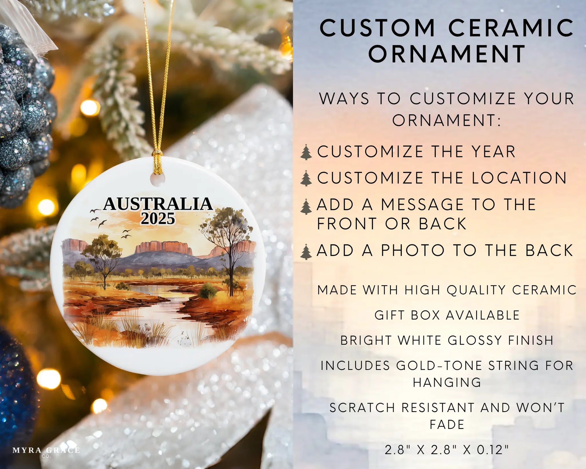 Custom Australia ceramic photo ornament with personalized message – handmade Christmas bauble, gift souvenir, or vacation keepsake. Infographic