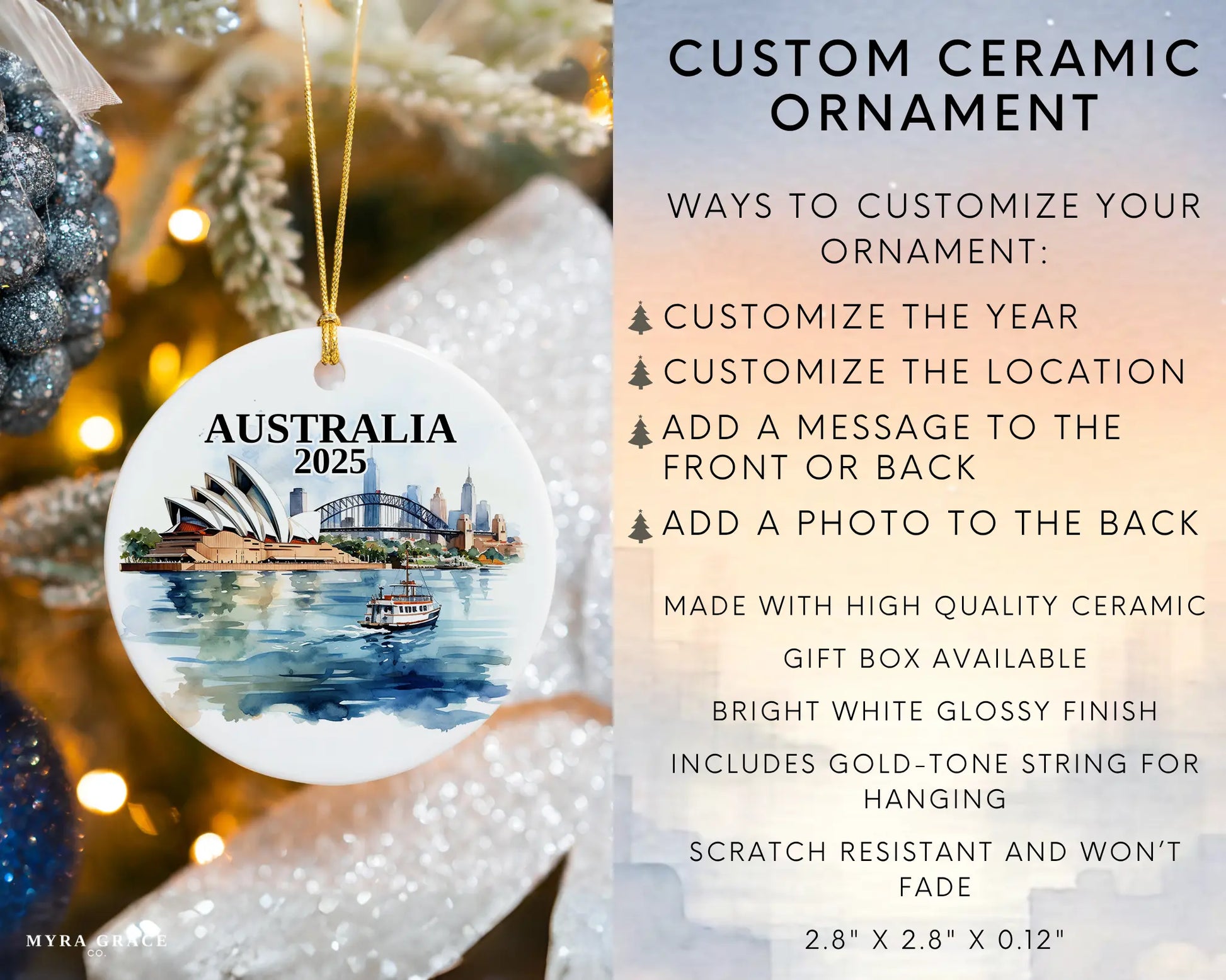 Custom Sydney, Australia ceramic photo ornament with personalized message – handmade Christmas bauble, gift souvenir, or vacation keepsake. Infographic