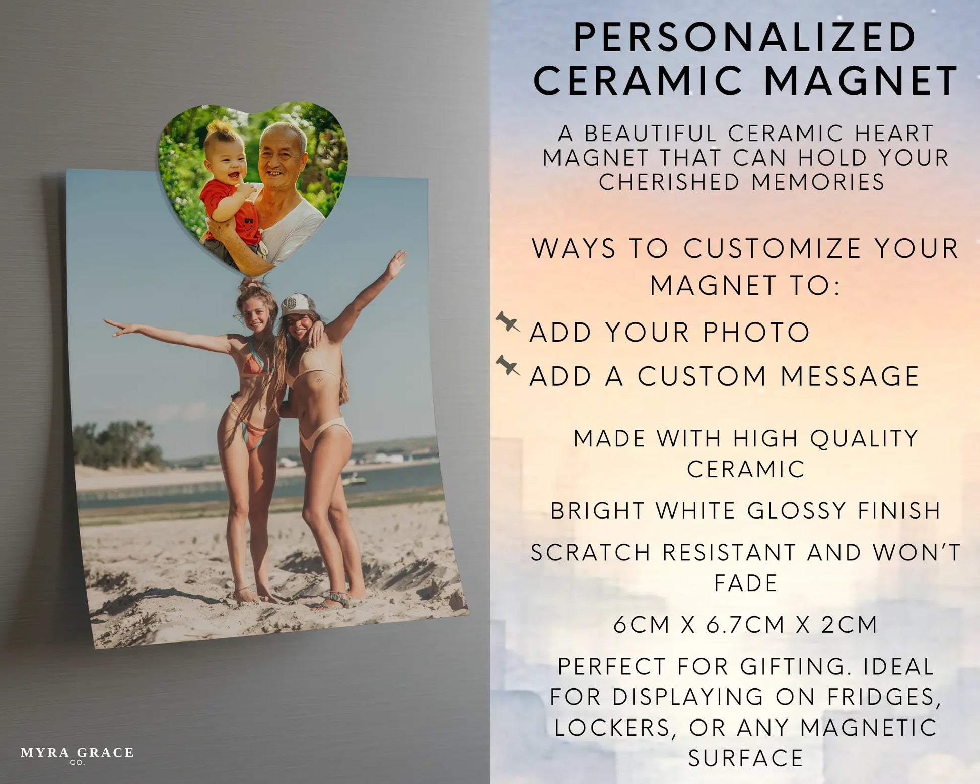 Heart-shaped custom grandpa ceramic photo magnet on fridge – handmade personalized gift or Christmas fridge magnet. Infographic