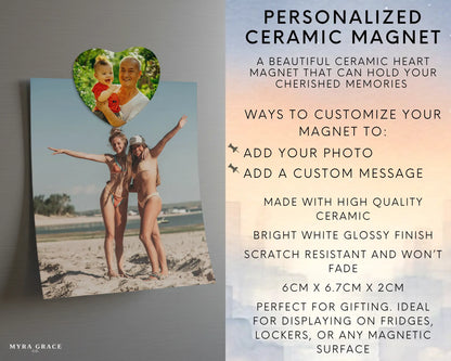 Heart-shaped custom grandpa ceramic photo magnet on fridge – handmade personalized gift or Christmas fridge magnet. Infographic