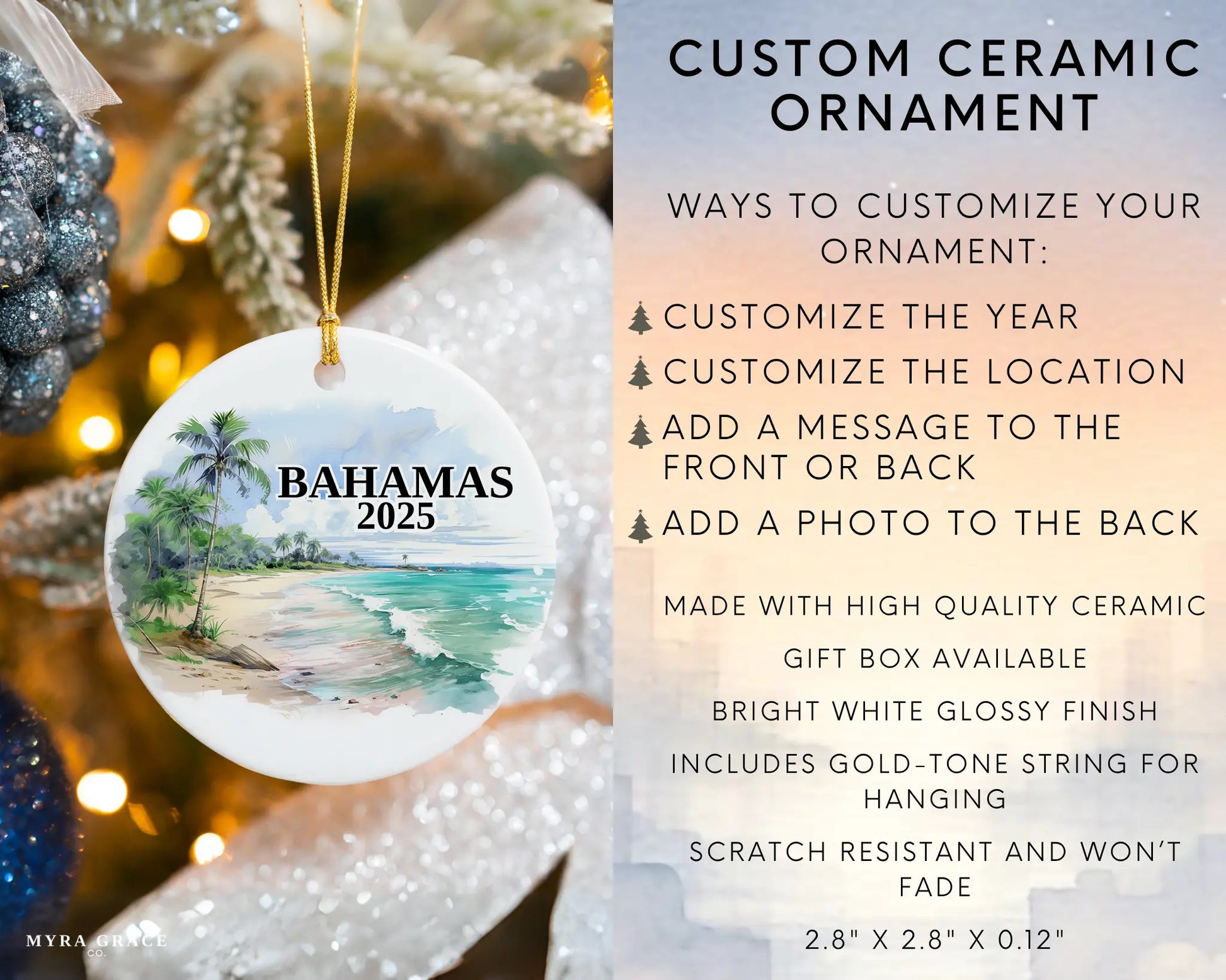 Custom Bahamas ceramic photo ornament with personalized message – handmade Christmas bauble, gift souvenir, or vacation keepsake. Infographic