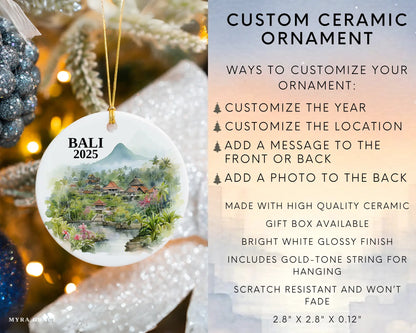 Custom Bali ceramic photo ornament with personalized message – handmade Christmas bauble, gift souvenir, or vacation keepsake. Infographic