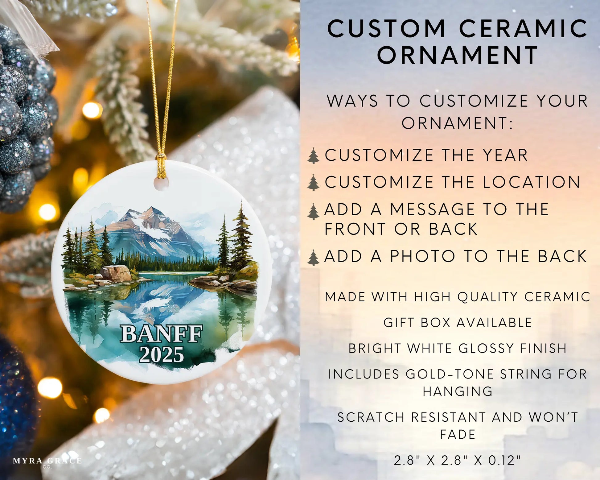 Custom Banff, Canada ceramic photo ornament with personalized message – handmade Christmas bauble, gift souvenir, or vacation keepsake. Infographic
