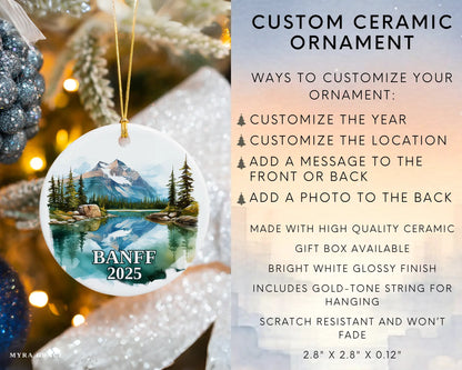 Custom Banff, Canada ceramic photo ornament with personalized message – handmade Christmas bauble, gift souvenir, or vacation keepsake. Infographic