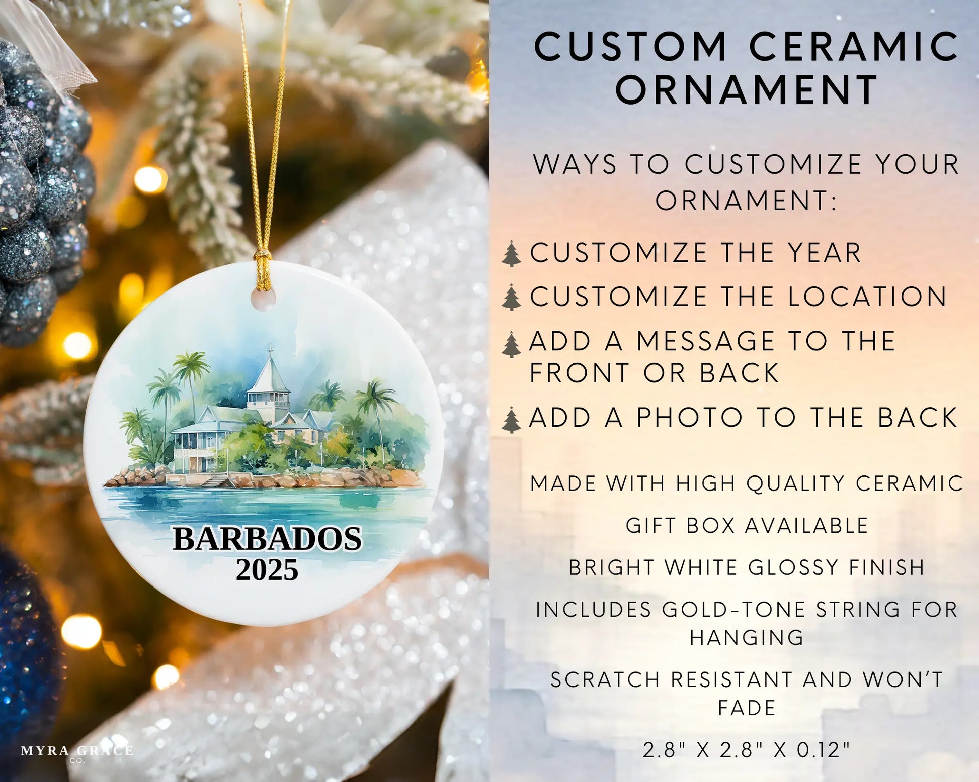 Custom Barbados ceramic photo ornament with personalized message – handmade Christmas bauble, gift souvenir, or vacation keepsake. Infographic