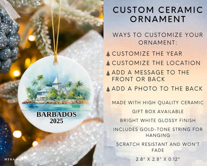 Custom Barbados ceramic photo ornament with personalized message – handmade Christmas bauble, gift souvenir, or vacation keepsake. Infographic
