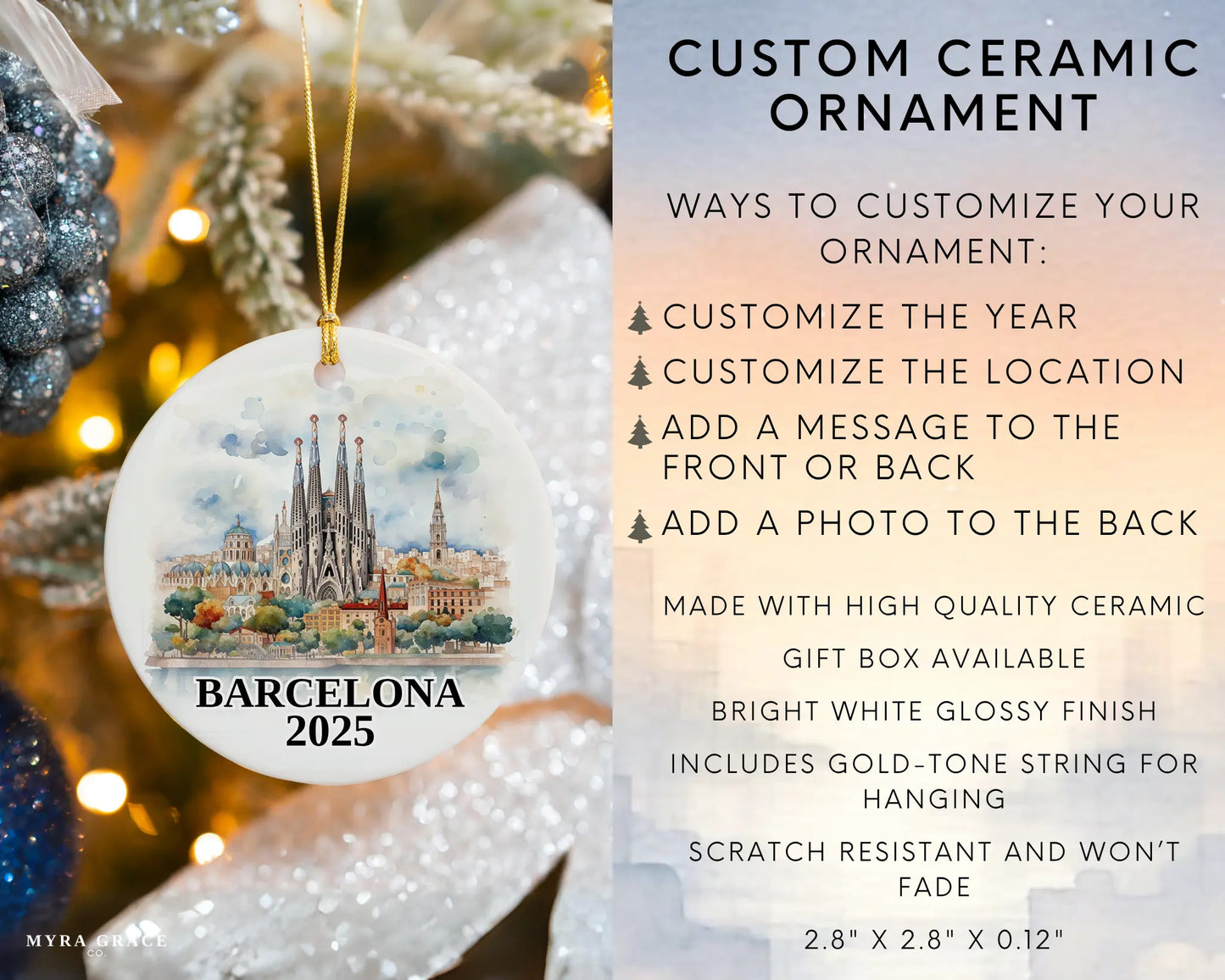 Custom Barcelona, Spain ceramic photo ornament with personalized message – handmade Christmas bauble, gift souvenir, or vacation keepsake.  Infographic