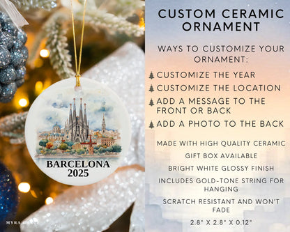 Custom Barcelona, Spain ceramic photo ornament with personalized message – handmade Christmas bauble, gift souvenir, or vacation keepsake.  Infographic