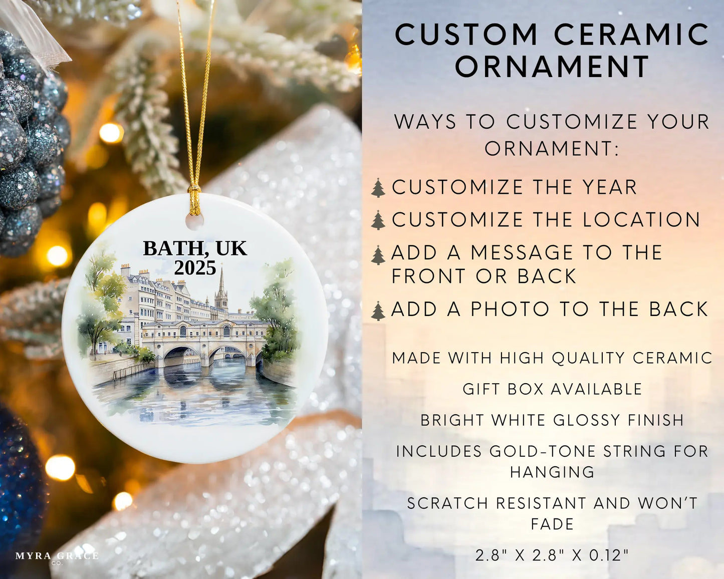 Custom Bath UK ceramic photo ornament with personalized message – handmade Christmas bauble, gift souvenir, or vacation keepsake. Infographic