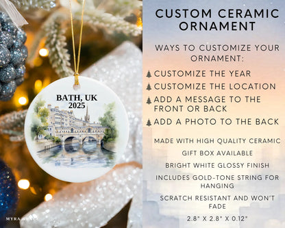 Custom Bath UK ceramic photo ornament with personalized message – handmade Christmas bauble, gift souvenir, or vacation keepsake. Infographic