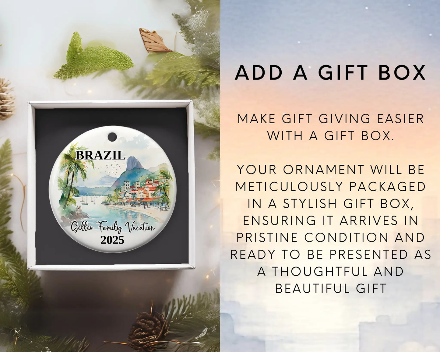 Custom vacation Brazil ceramic photo ornament with personalized message – handmade Christmas bauble, gift souvenir, or vacation keepsake. Add gift box