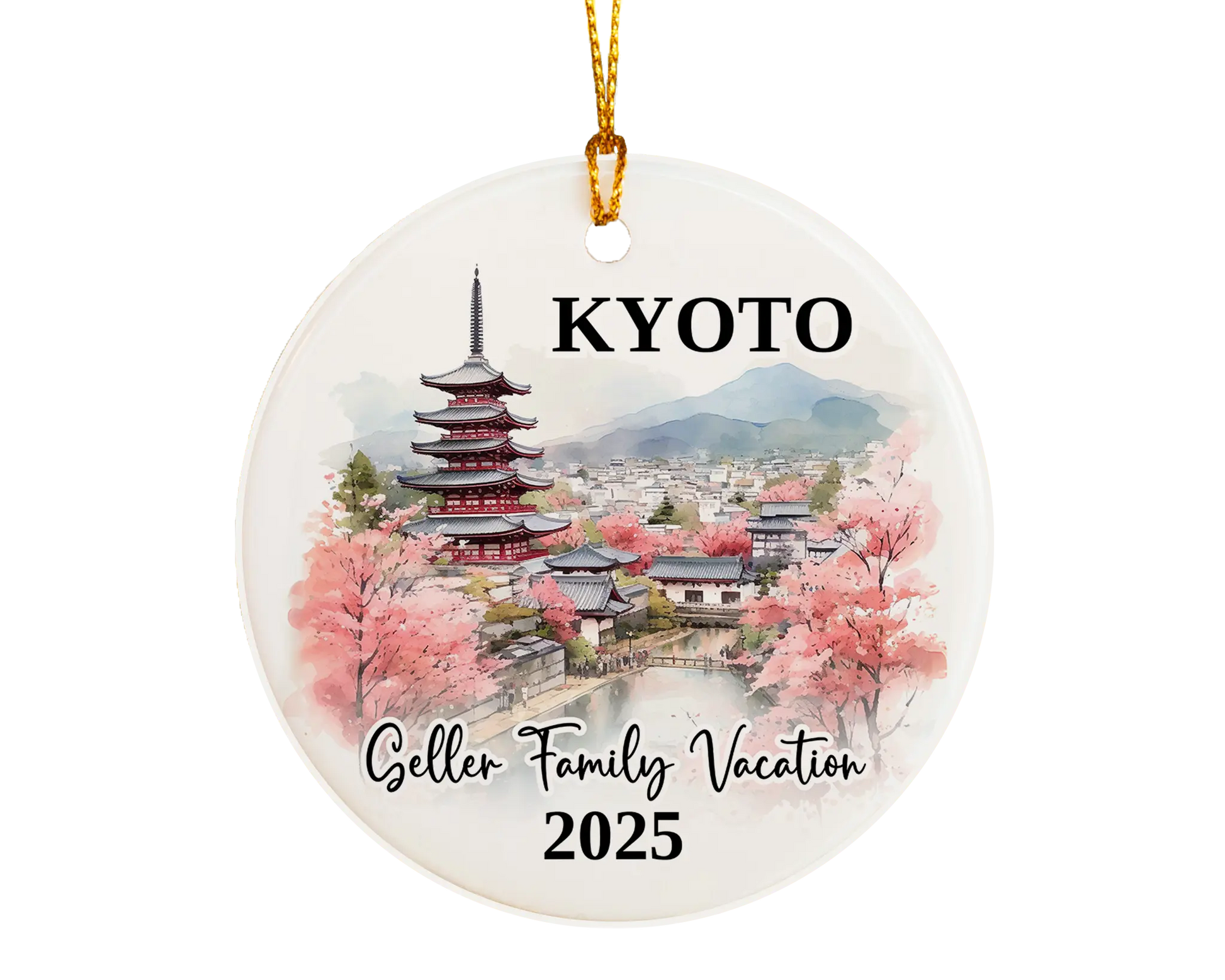 Custom vacation Kyoto Japan ceramic photo ornament with personalized message – handmade Christmas bauble, gift souvenir, or vacation keepsake. 