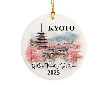 Custom vacation Kyoto Japan ceramic photo ornament with personalized message – handmade Christmas bauble, gift souvenir, or vacation keepsake. 