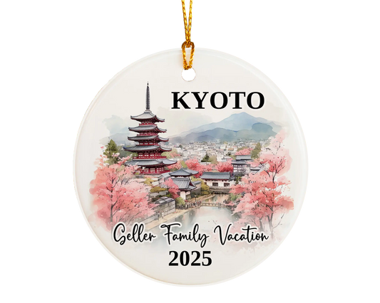 Custom vacation Kyoto Japan ceramic photo ornament with personalized message – handmade Christmas bauble, gift souvenir, or vacation keepsake. 