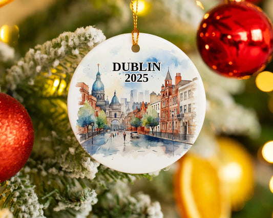 Custom Dublin Ireland ceramic photo ornament with personalized message – handmade Christmas bauble, gift souvenir, or vacation keepsake.  