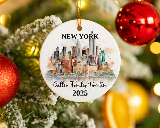Custom vacation New York ceramic photo ornament with personalized message – handmade Christmas bauble, gift souvenir, or vacation keepsake. 