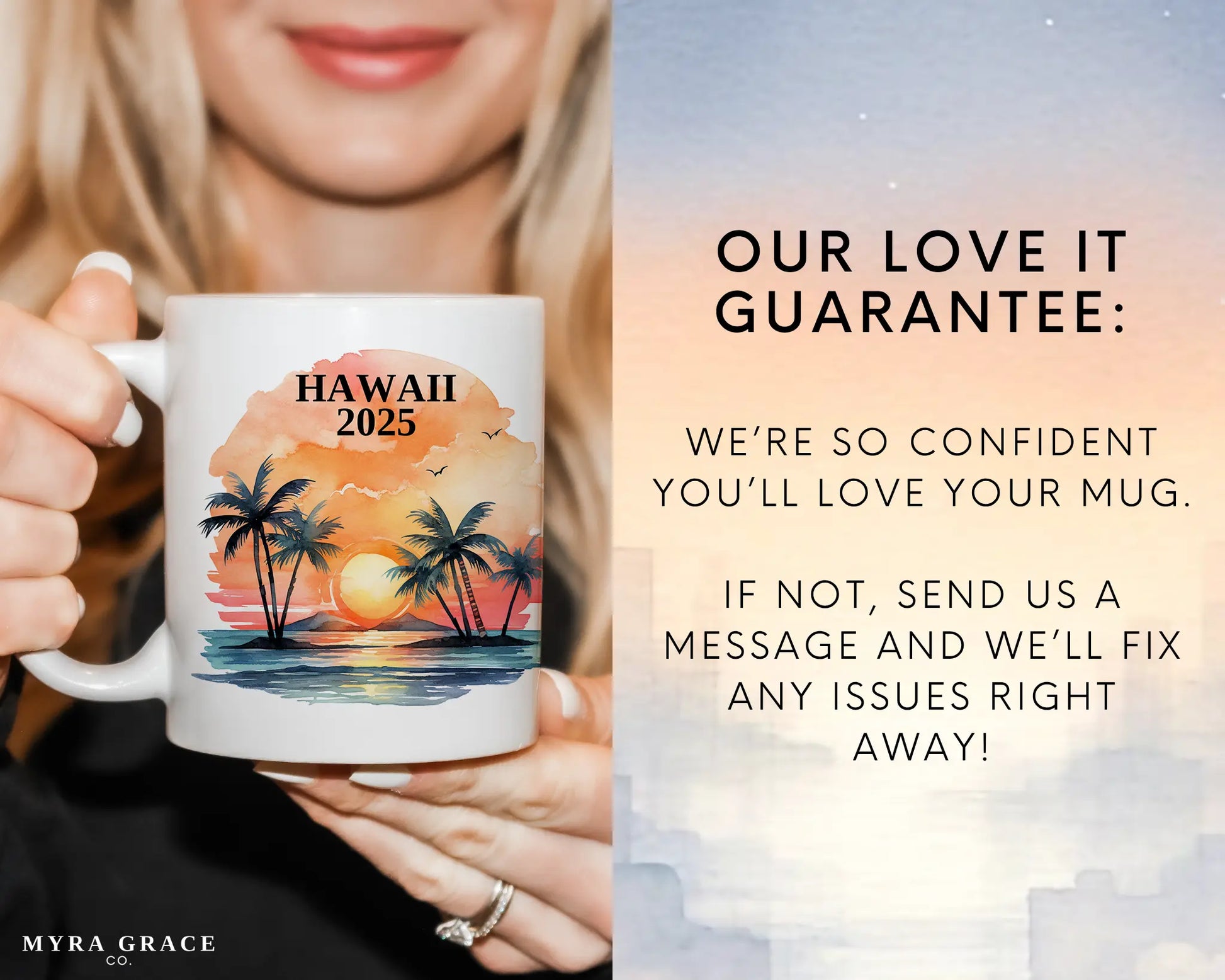 Custom ceramic Hawaii vacation mug with watercolor location design, date, and personal photo – personalized travel gift or photo mug. Love it guarantee