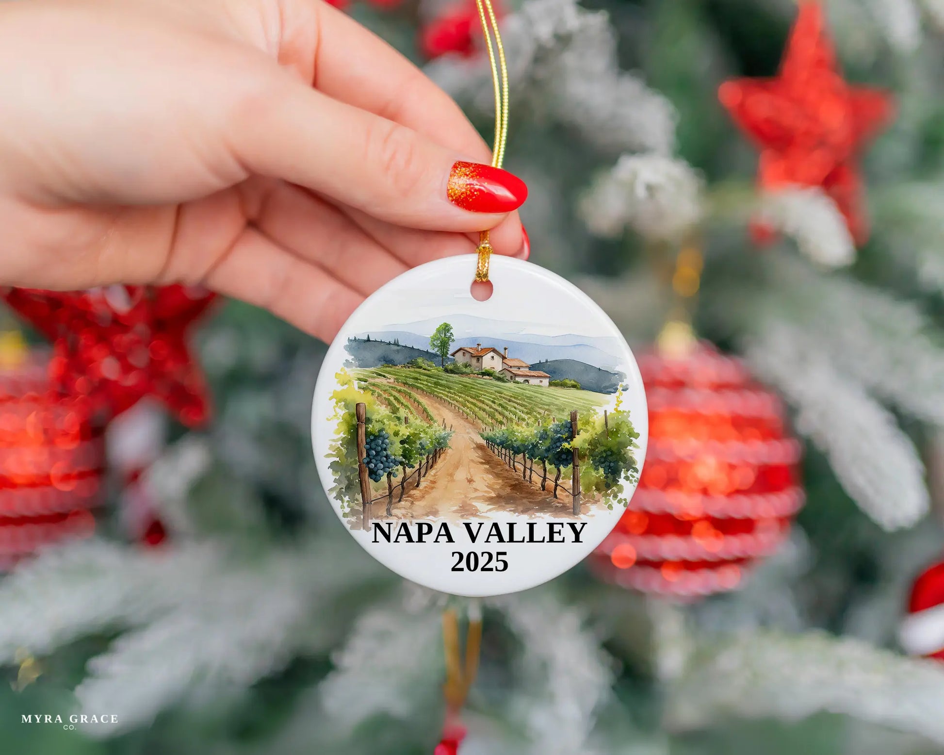 Custom Napa Valley California ceramic photo ornament with personalized message – handmade Christmas bauble, gift souvenir, or vacation keepsake.  