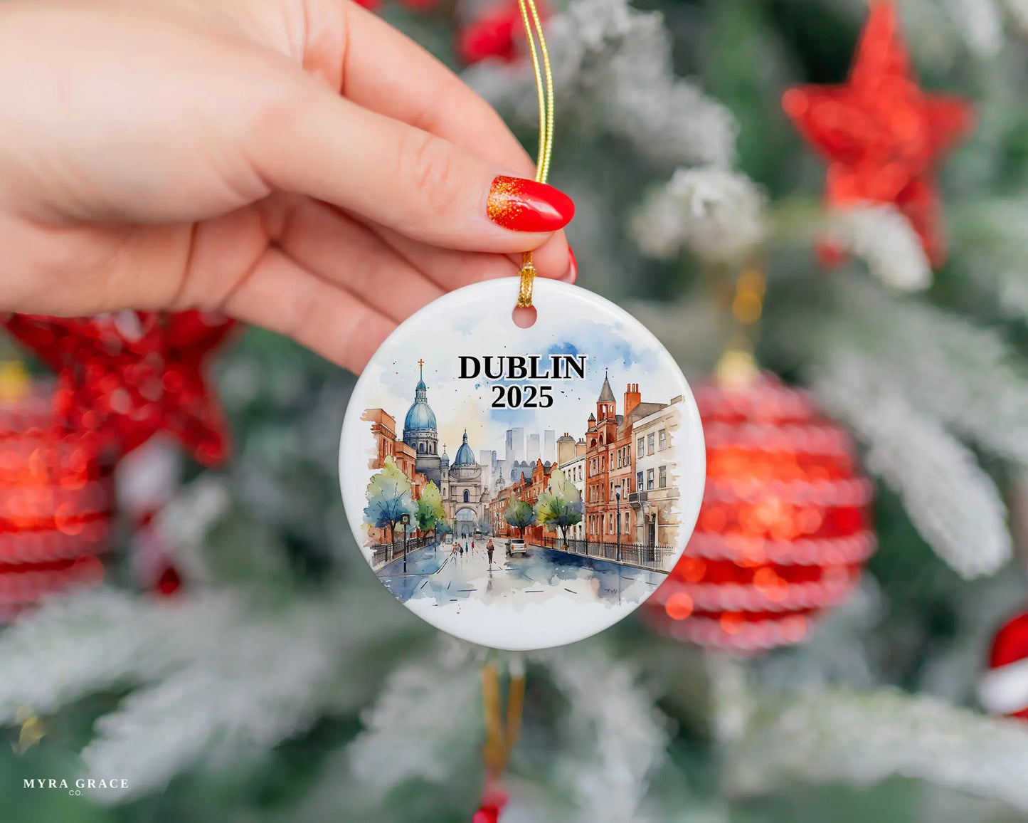 Custom Dublin Ireland ceramic photo ornament with personalized message – handmade Christmas bauble, gift souvenir, or vacation keepsake.  
