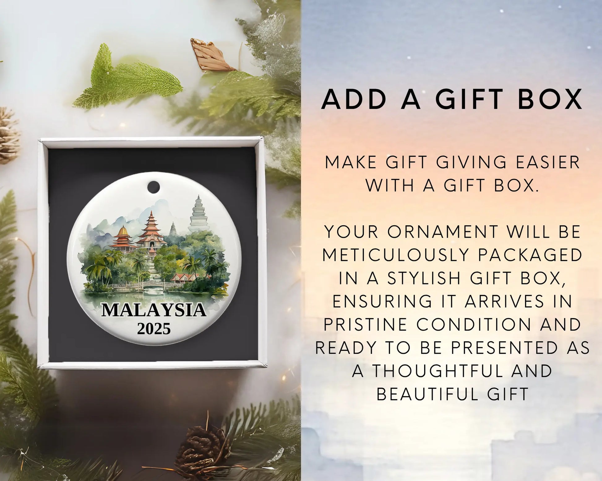 Malaysia Ornament Custom Gift Souvenir Bauble. Custom Malaysia ceramic photo ornament with personalized message – handmade Christmas bauble, gift souvenir, or vacation keepsake.  Add gift box