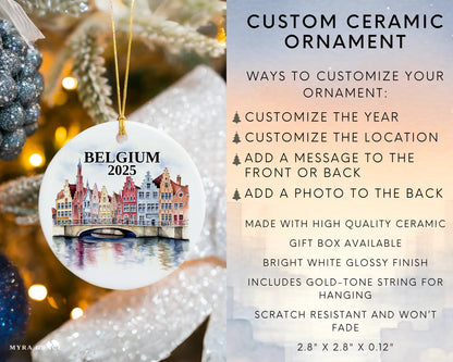 Custom Belgium ceramic photo ornament with personalized message – handmade Christmas bauble, gift souvenir, or vacation keepsake. Infographic