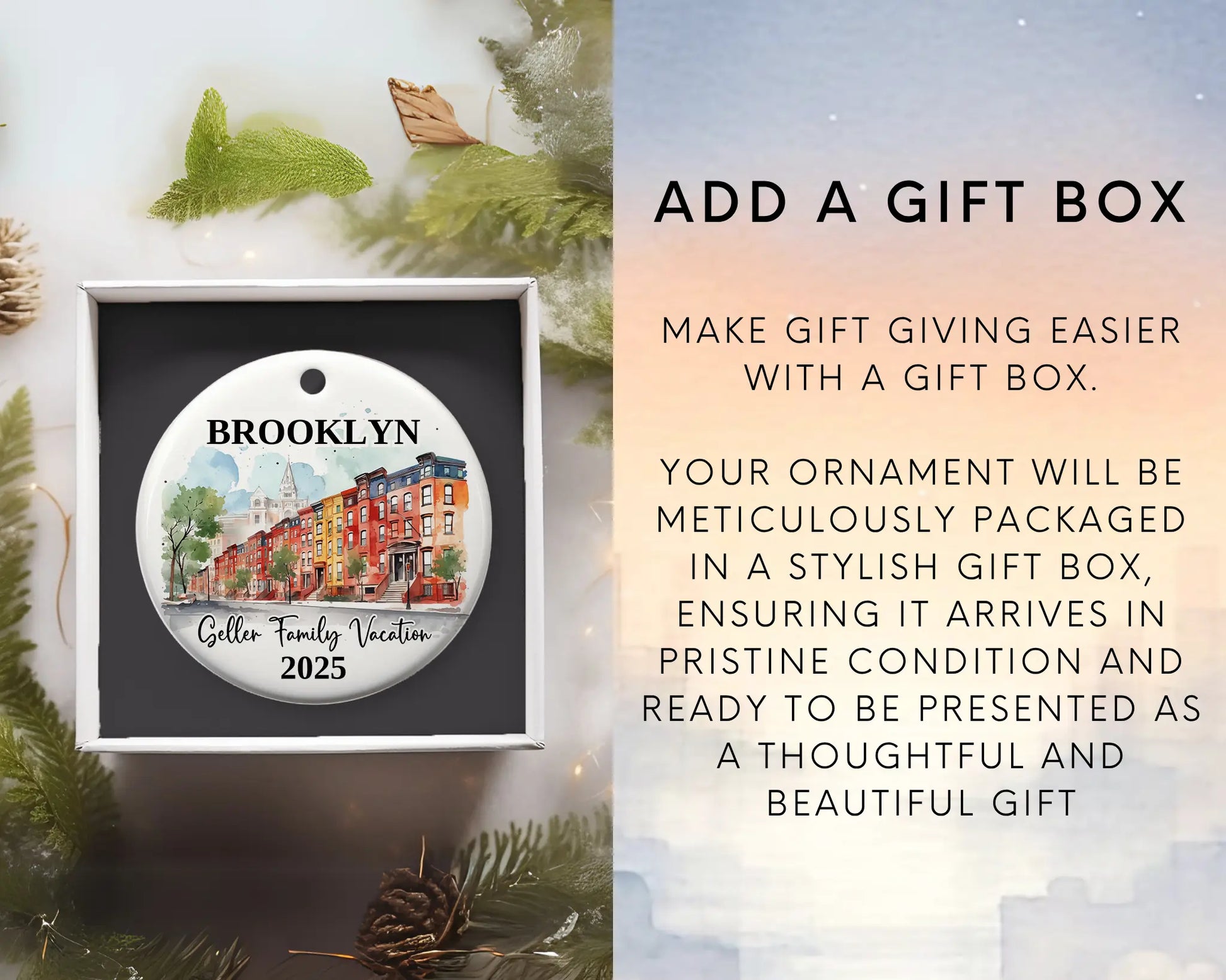 Custom vacation Brooklyn New York ceramic photo ornament with personalized message – handmade Christmas bauble, gift souvenir, or vacation keepsake. Add gift box