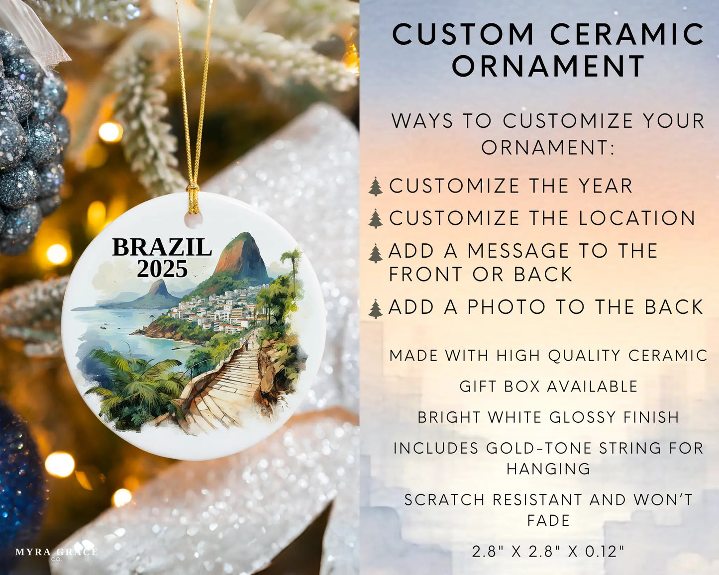 Custom Brazil ceramic photo ornament with personalized message – handmade Christmas bauble, gift souvenir, or vacation keepsake. Infographic