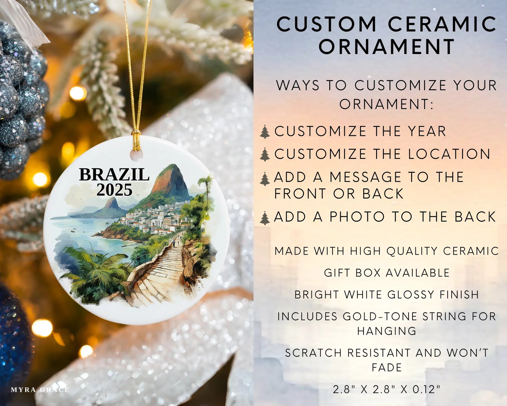 Custom Brazil ceramic photo ornament with personalized message – handmade Christmas bauble, gift souvenir, or vacation keepsake. Infographic