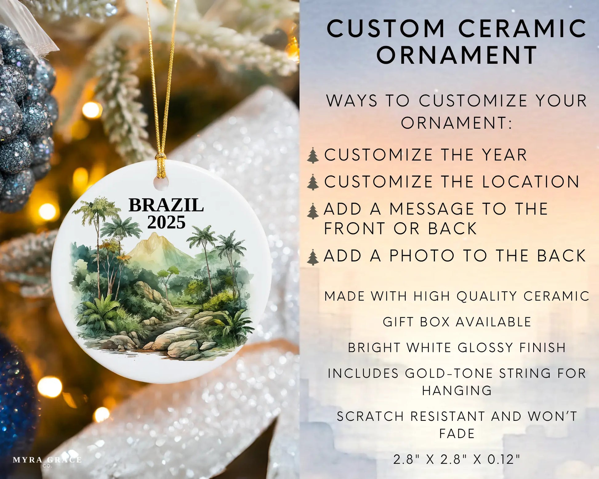 Custom Brazil ceramic photo ornament with personalized message – handmade Christmas bauble, gift souvenir, or vacation keepsake. Infographic