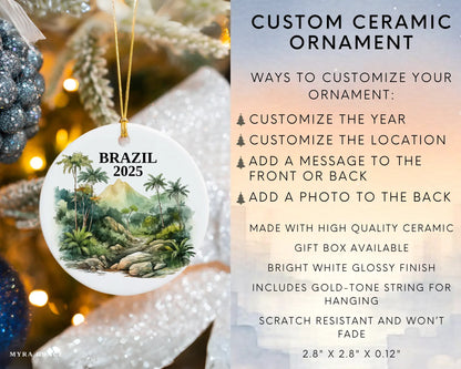 Custom Brazil ceramic photo ornament with personalized message – handmade Christmas bauble, gift souvenir, or vacation keepsake. Infographic