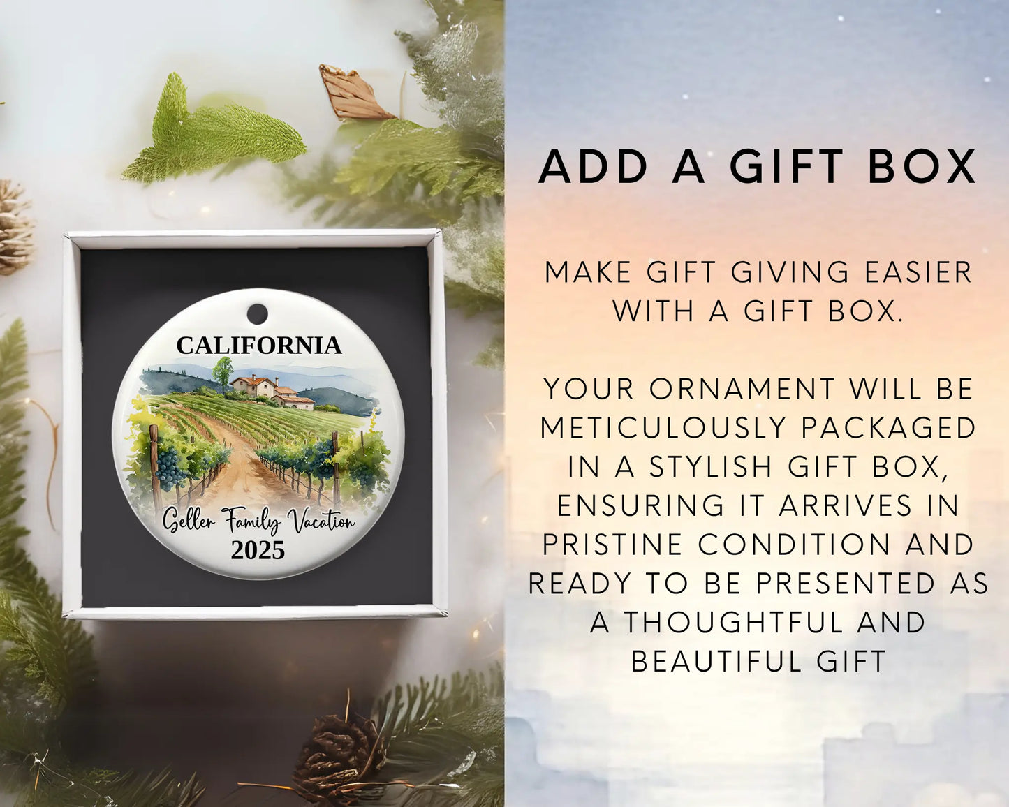 Custom vacation California ceramic photo ornament with personalized message – handmade Christmas bauble, gift souvenir, or vacation keepsake. Add gift box